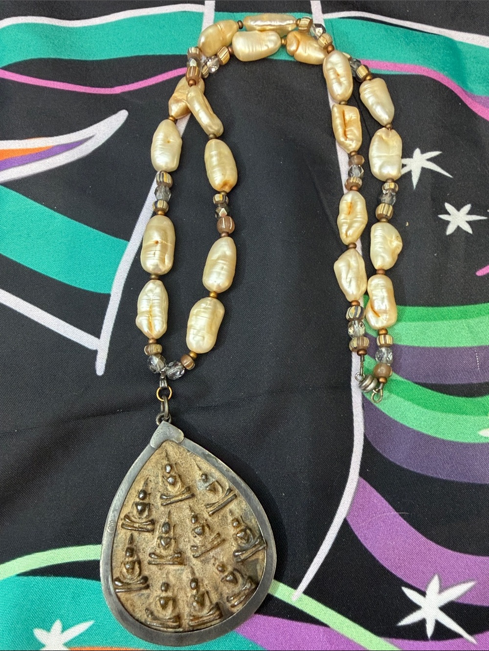 Hand Crafted Gold Pearl Necklace with Teardrop Carved Pendant
